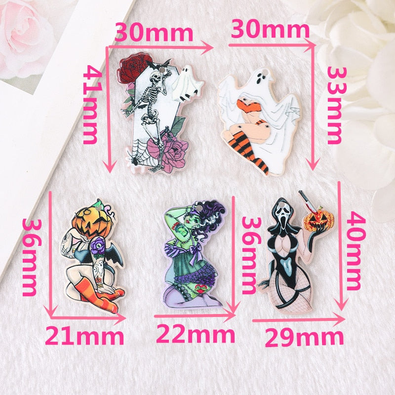 Pinup Ghost Acrylic Charms | Sexy Girl | Pinup Girl | Skeleton Coffin | Pumpkin | Pendant For Earring Necklace | DIY Making P107