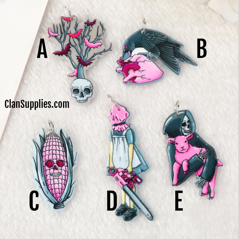 Pastel Goth Charms | Spooky Creative Charms  | Skull Tree Charm | Raven Heart Goth  | Girl Saw Charm | Cob Pendant | Death sheep | Ref: P15