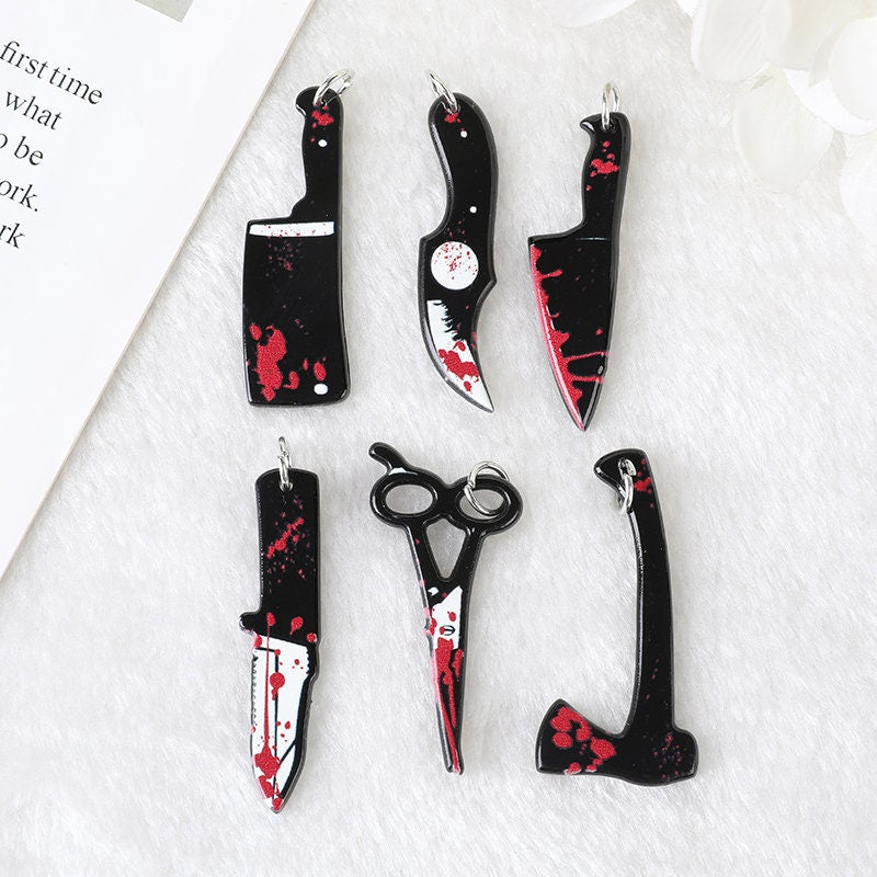 Gothic Acrylic Charms | Halloween Charms | Bloody Knife Charm | Scissors Charm | Weapon Shape Charm | Axe Charm | Spooky Pendant P65