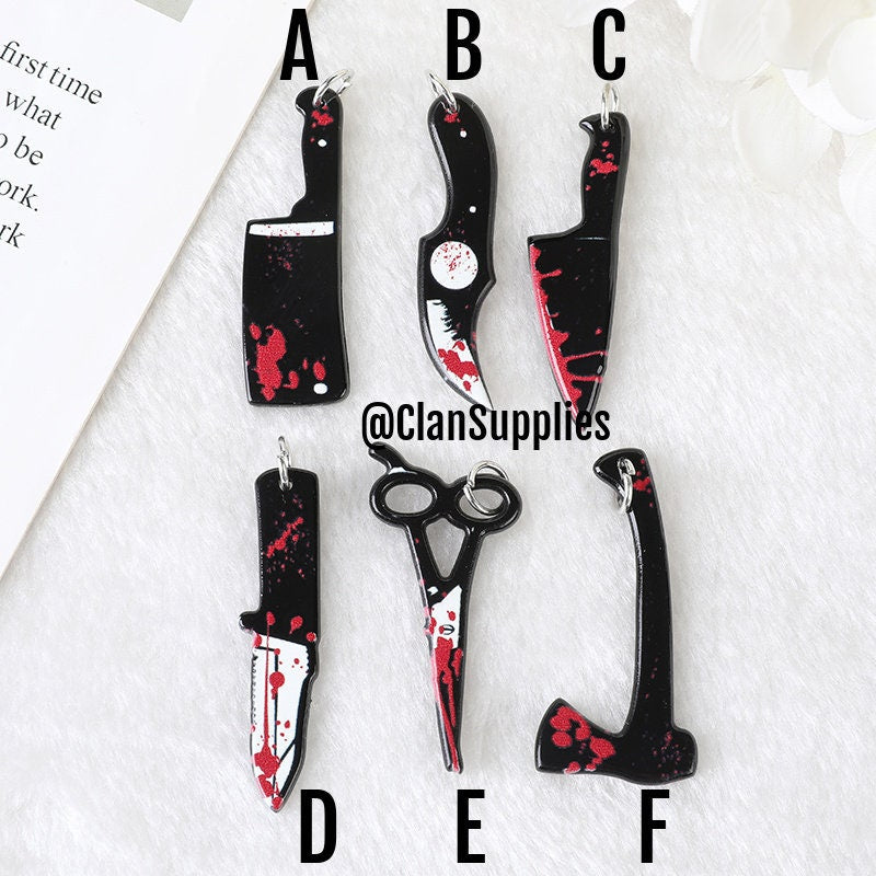 Gothic Acrylic Charms | Halloween Charms | Bloody Knife Charm | Scissors Charm | Weapon Shape Charm | Axe Charm | Spooky Pendant P65