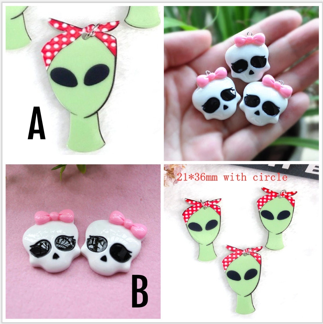 Girl Alien Charm | Bandana UFO Charm | Baby Skull Charm | Resin Charm Flat back Alien Skull For Earrings, Necklace, Keychain, Pendant