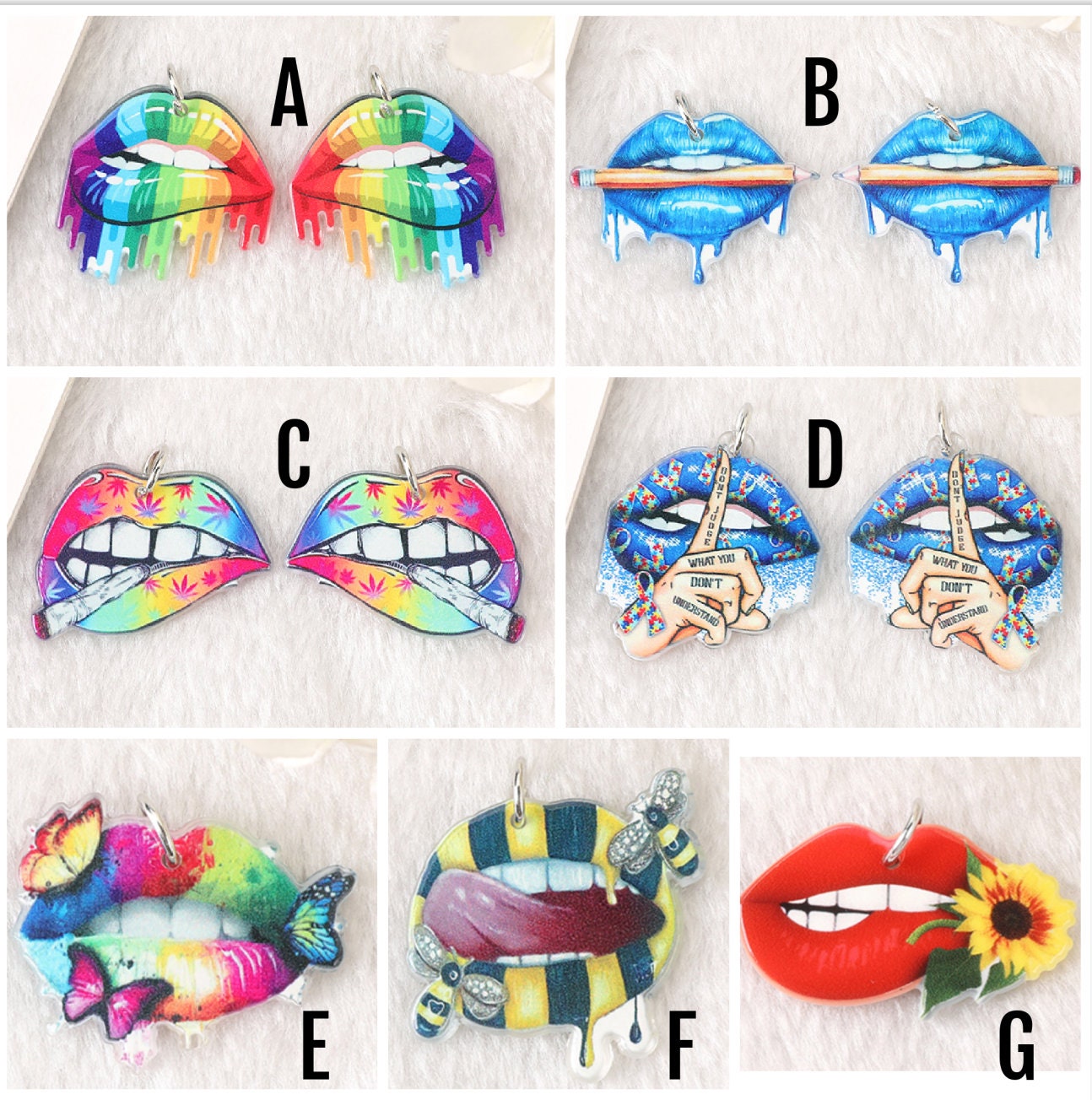 Lips Charms | Rainbow | Colorful Lips | Autism Charms | Butterfly Bees Lips Girl | Sunflower | Pencil  | DIY Jewelry | Making Earrings | P74