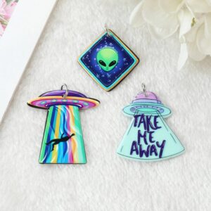 Pastel Goth Alien Acrylic Charms – UFO, Green Alien & “Take Me Away” Pendants | Ref: P18