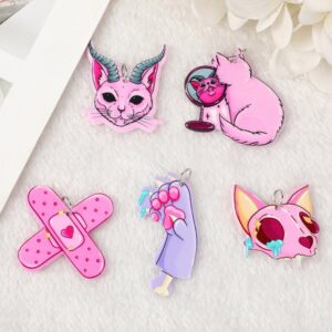 Pastel Goth Acrylic Charms Set | Cat with Horns, Mirror Cat, Bandage, Crossed, Claw & Skull | Ref. P11