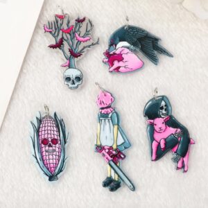 Pastel Goth Acrylic Charms – Skull Tree, Raven Heart, Girl with Saw & Death Sheep | Ref: P15