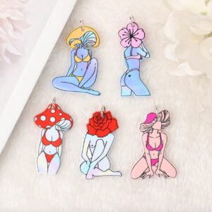Pinup Girl Acrylic Charms | Bikini Girl, Mushroom & Flower Hat | Ref: P192